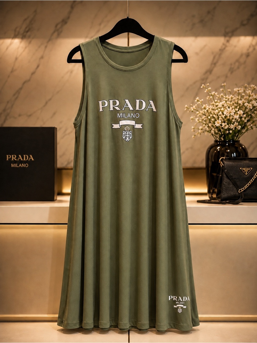 Plus Size Olive Green Sleeveless Logo Dress with Pockets
